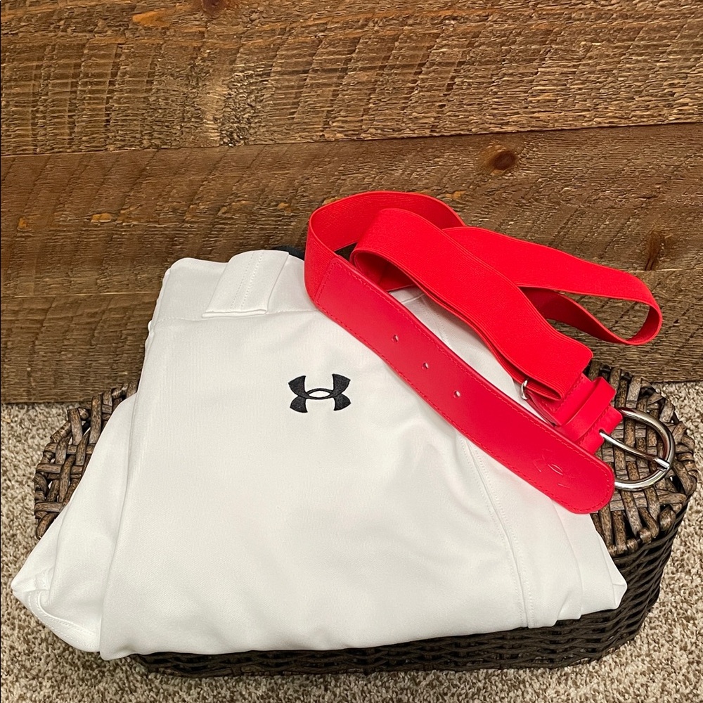 Under Armour Men's Utility Baseball Pants White Large with Baseball Belt Red OS